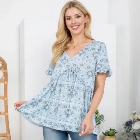 BLUE B Blue Printed Short Sleeve Drop Top - Picture 1 of 4